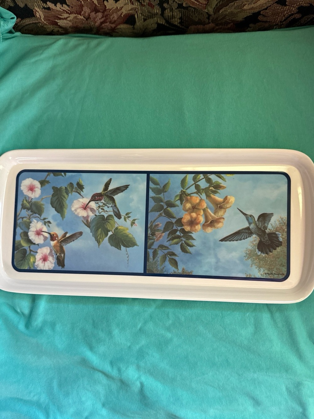 Hummingbird melamine Serving Tray in Teal and White 14.5”x6”